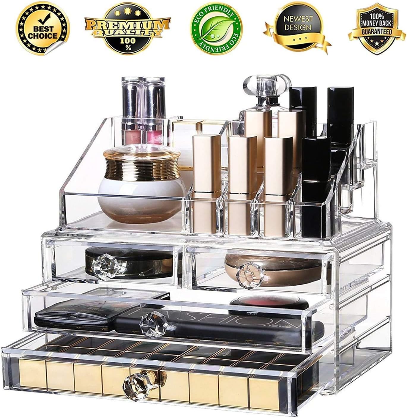 iPEGTOP Acrylic Clear Make Up Organiser Cosmetic Storage Box Display Makeup Case, 20 Sections with 4 Drawers, Diamond Drawer Handle: Home Improvement