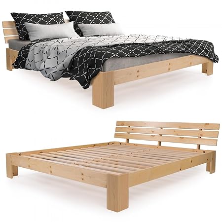 Homelux Massivholzbett Kiefer Doppelbett Balkenbett Bettgestell Bettrahmen Lattenrost 180 x 200 cm Natur
