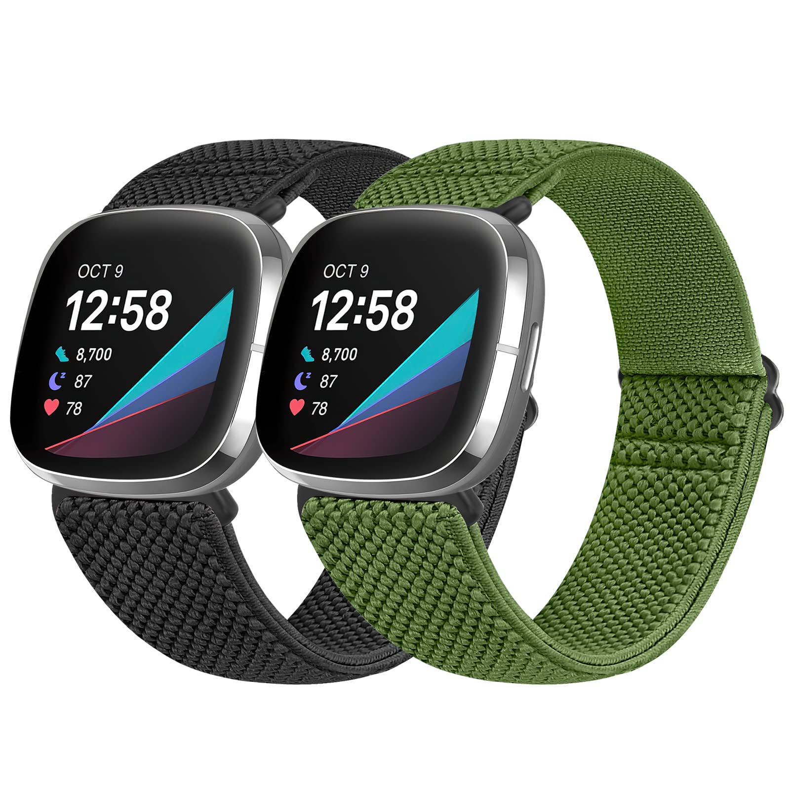 Vodtian Elastic Nylon Loop Straps Compatible with Fitbit Sense 2/Fitbit Sense/Fitbit Versa 4/Fitbit Versa 3 Strap, Adjustable Soft Stretchy Sport Braided Replacement Wristband for Men Women, 2 Pack