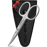 FABINOC Curved Nail Scissors for Women and Men, Manicure Pedicure Scissor | German quality stainless steel, small scissor. fingernail, toe nail, eyebrows, mustache, leather pouch included, sand finish