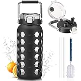 MUKOKO 64oz Glass Water Bottles with Straw and Lid,Half Gallon Water Bottle with Time Marker,Large Glass Water Jug with Silicone Sleeve and Stainless Steel Handle-Black