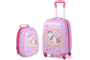 BABY JOY 2 PC Kids Luggage, 16” Toddlers Carry-on Suitcase & 12” Backpack Set, Children Travelling Case w/ 4 Casters & Retrac