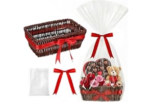 Threehoney Wicker Gift Basket Empty to Fill 12x7x5" Valentine's Day Woven Empty Baskets for Gifts with Bag and Bow Ribbon for Valentines Baby Shower Birthday Wedding Favor Wrapping(Dark Brown)