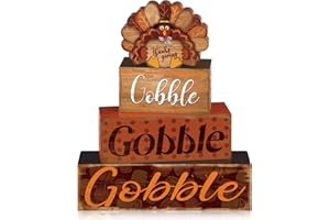 QUZZIL 4 Pcs Thanksgiving Decor for Home Cute Turkey Wooden Signs with Sayings Thanksgiving Fall Tiered Tray Decor Turkey Tabletop Centerpiece Gobble Block Signs for Office Kitchen Shelf