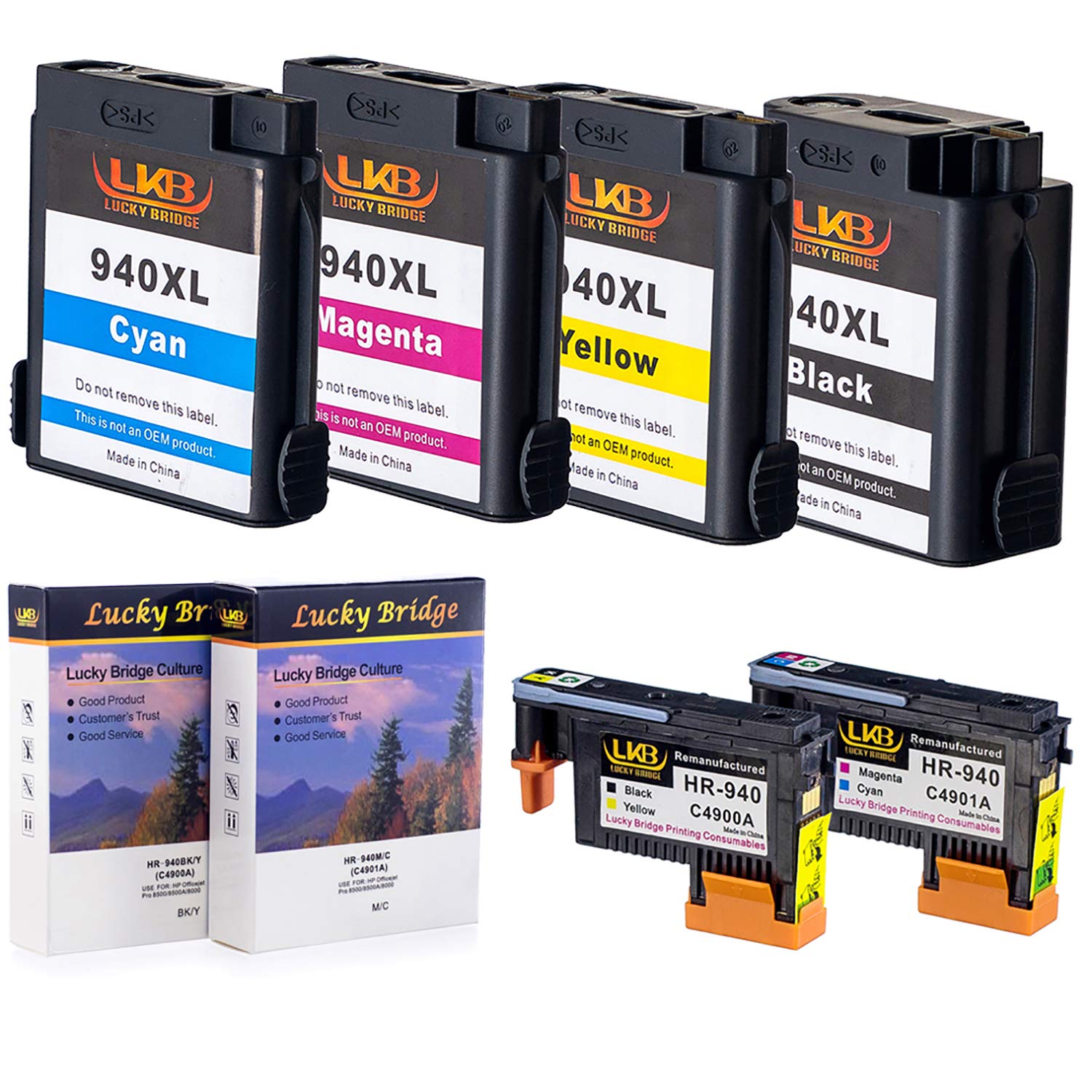 Lucky Bridge 2PK HP940 Printhead C4900A C4901A Remanufactured Printhead and 1 Set 940 940XL Ink Cartridge with chip never used Compatible for HP Officejet (1 Set Printhead and Ink Cartridge)-UK
