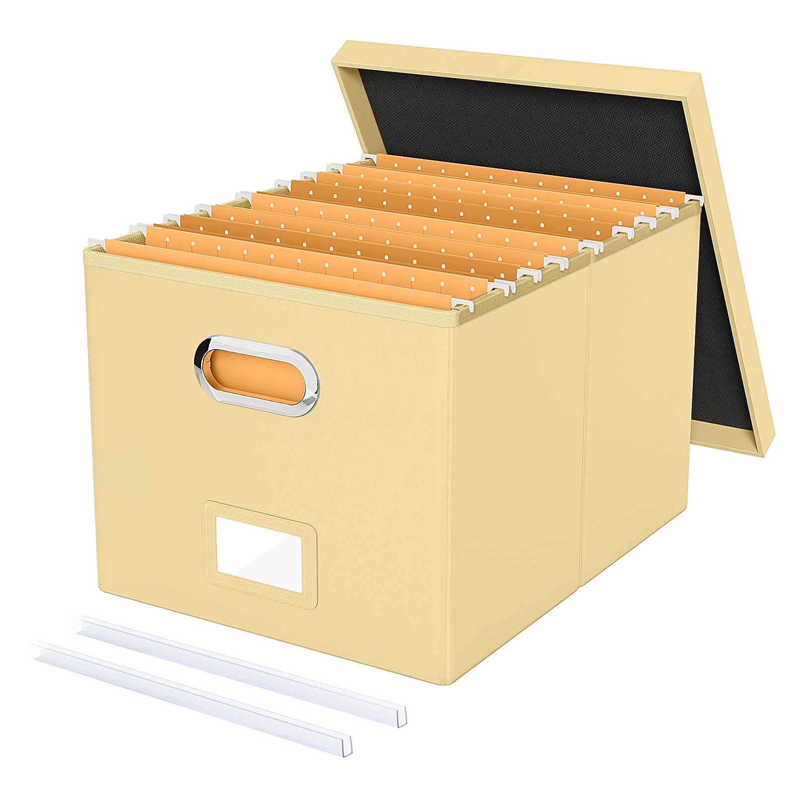 Photo 1 of Oterri File Organizer Box,Filing Box with Lid,File Box for Letter/Legal File Folder Storage, Portable Hanging File Box for Office/Decor/Home,1 Pack, Cream-yellow(Leather),Box only