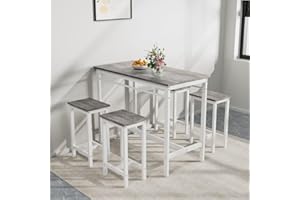 JIJIWANG Counter Height Bar Table Set for 4, Bar Table with 4 Bar Stools, 5 Piece Breakfaset Table Set for Dining Room Kitchen Living Room, Gray (1Table+4Chair