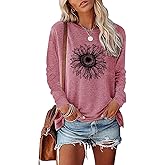 FAOUEOW Womens Crewneck Graphic Sweatshirt Tops Fashion Sunflower Floral Printed Casual Cotton Long Sleeve Tees Shirt
