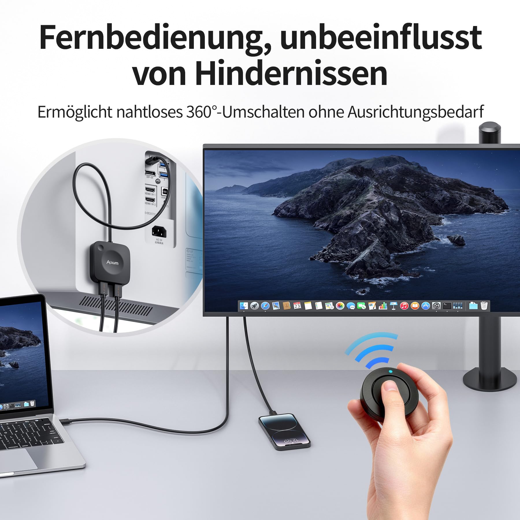 Alxum 20Gbps USB-C Switch für 2 Computer, 2 in 1 Out, 8K@30Hz / 4K@144Hz Video, 140W PD Ladefunktion, USB4 Daten, mit Fernbedienung und LED-Anzeige, USB Umschalter für Laptop, Monitor, Dockingstation 5