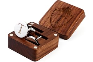 PROPHET CLUE PC Mens Initial Silver Cufflinks A-Z Alphabet Letter Steel Cuff Links with Engraved Walnut Wood Box Groom Groomsman Wedding Set…