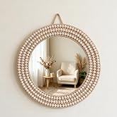 KaiLiDa Boho Round Wall Mirror with Wood Bead and Jute Rope Frame, 13.77 Inch, Bohemian Decor