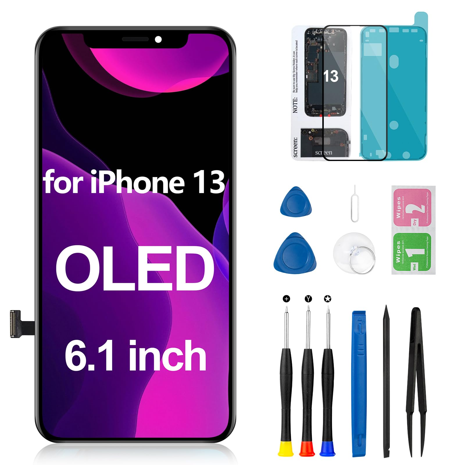 Photo 1 of OLED for iPhone 13 Screen Replacement 6.1 inch [OLED, NOT LCD], 3D Touch Display Frame Digitizer Assembly Repair Tools Kit for Model A2482 A2631 A2633 A2634 A2635