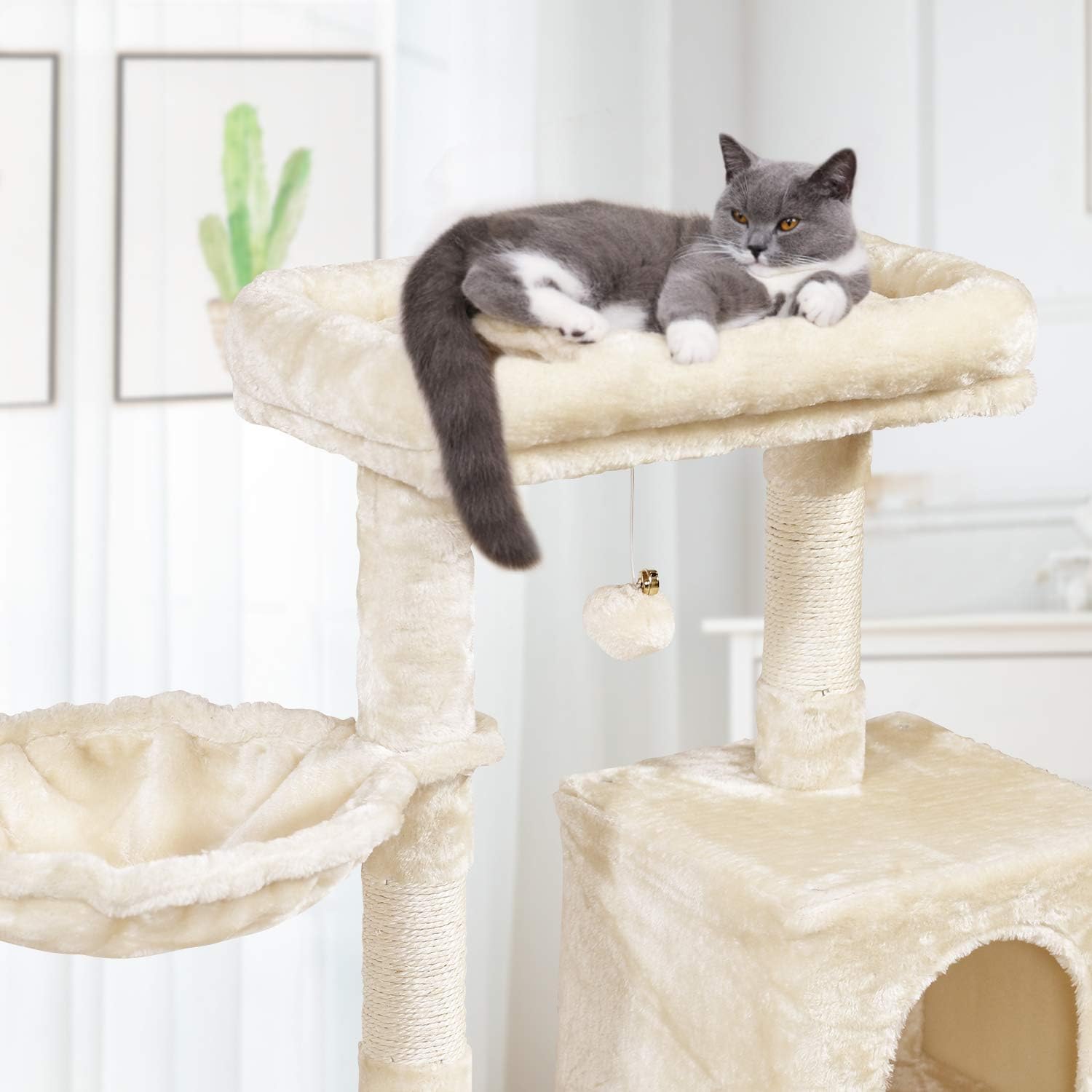 MQ Multi-Level Cat Tree Condo, Activity Center Cat Tower Furniture 36'' with Sisal-Covered Scratching Posts, Padded Plush Perch, Spacious Cat Cave & Basket for Small Kittens Adult Cats (Beige) : Pet Supplies