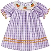 Kids Toddler Baby Girl Halloween Outfit Puff Sleeve Pumpkin Embroidery Plaid Smocked Dress Infant Fall Party Dress