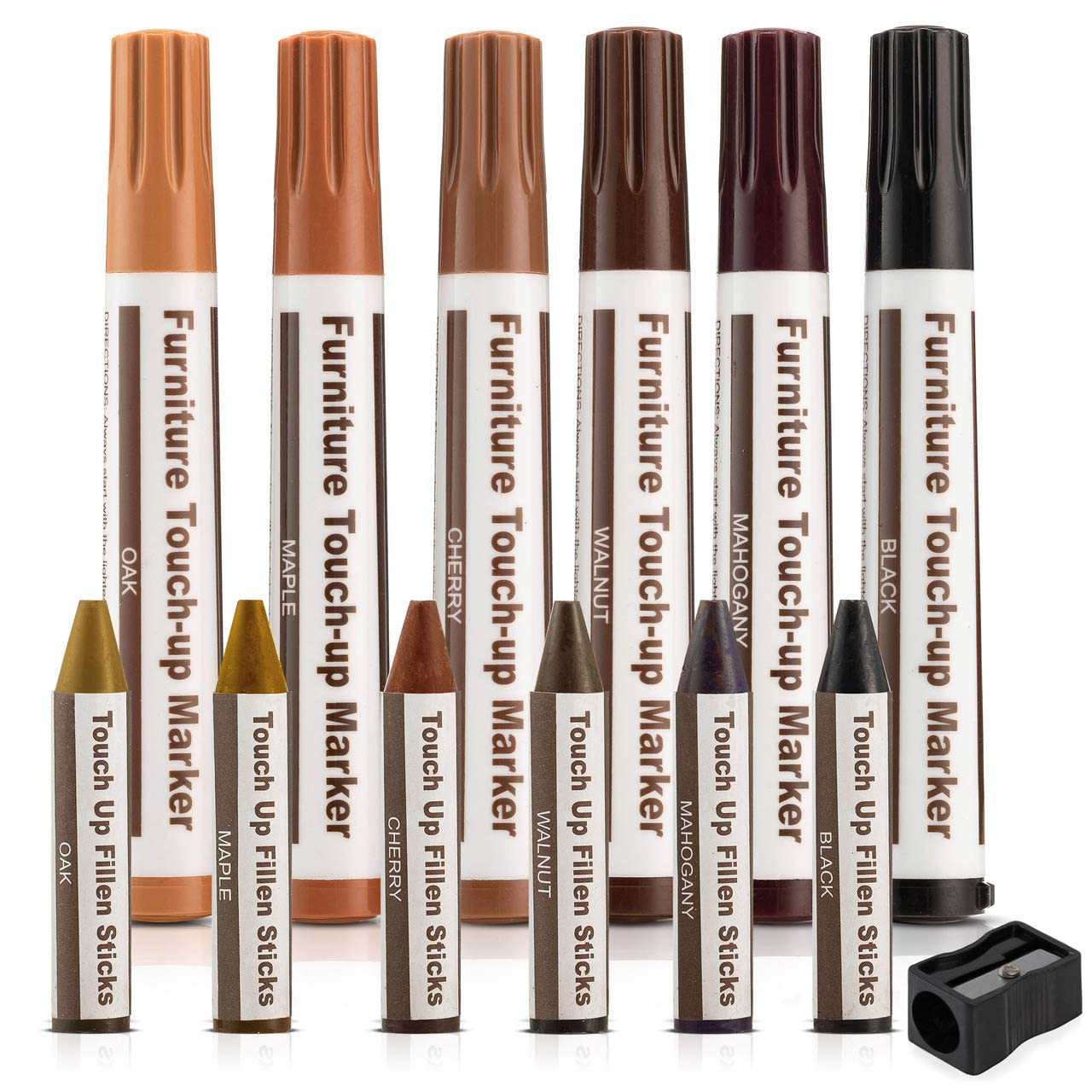 Escest Furniture Repair Kit (13 Pc Set) Markers & Wax Sticks with Sharpener - 6 Colors - for Wood, Stains, Scratches, Floors, Tables, Desks, Carpenters, Bedposts, Touch-Ups, Cover-Ups, Molding Repair