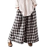 Birdfly Fall Linen Plaid Long Pants Baggy Loose Wide Leg Casual Trouser for Women