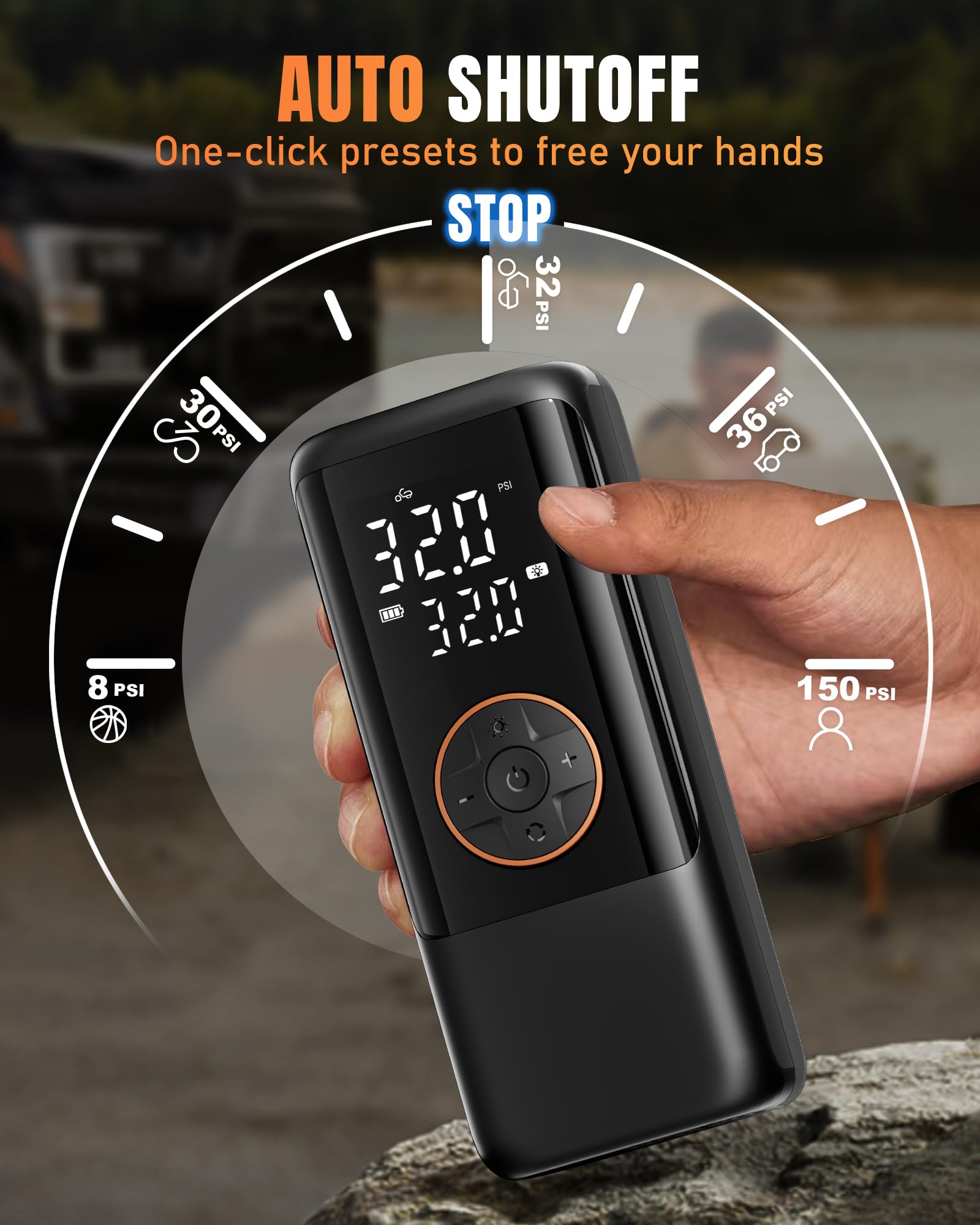 MAKELIFT Tire Inflator Portable Air Compressor, 150PSI Air Compressor for Car Tires, Cordless Bike Pump with Pressure Gauge & LED Light, Tire Pump for Cars, Motorcycles, Bikes, Balls