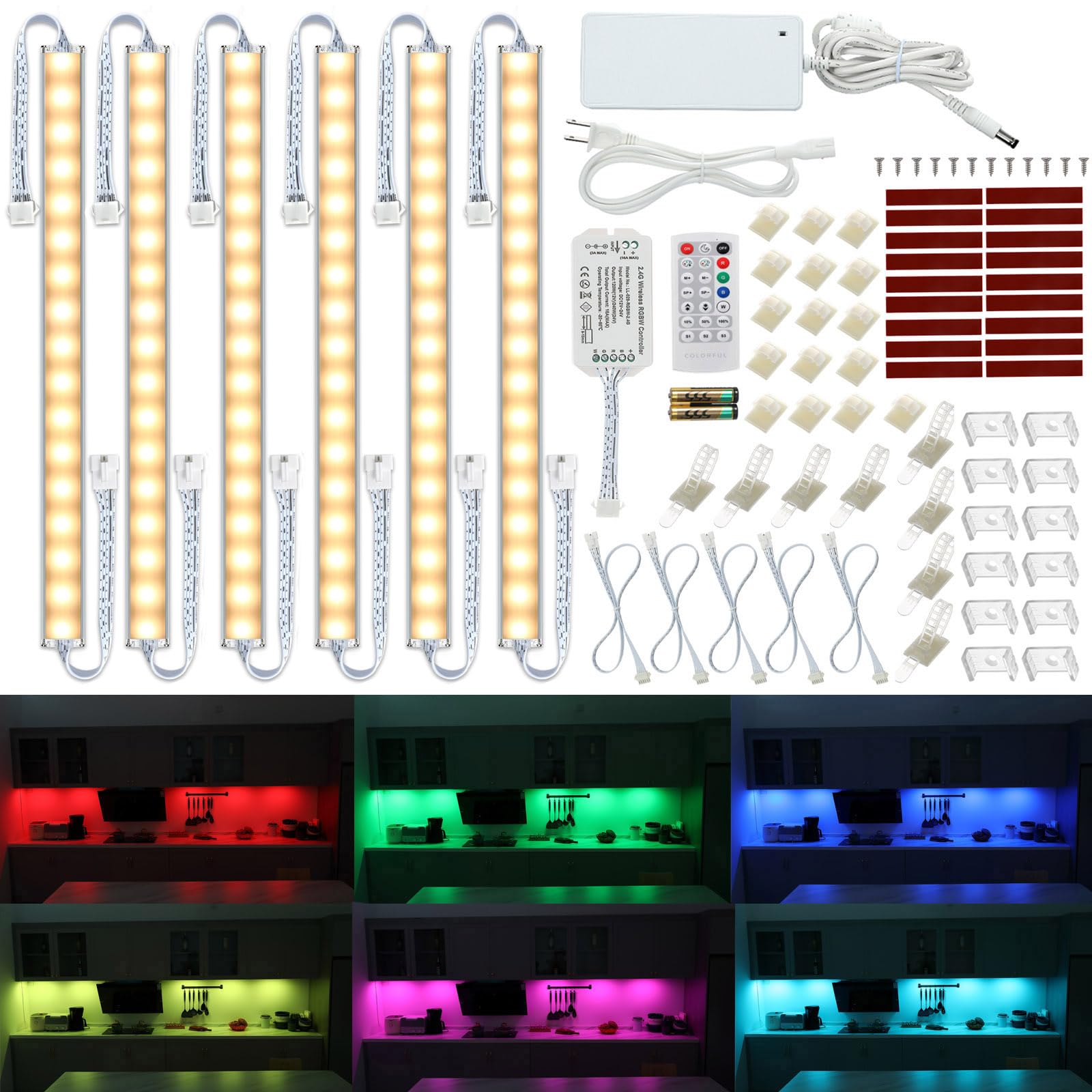 Photo 1 of Litever Under Cabinet LED Lighting Kit. RGB Color & Bright Warm White Light. Slim Linkable LED Light Bars with Power Adapter, Controller, Extension Cords. Max 24W. Dimmable. Plug in. RGB + 3000K.