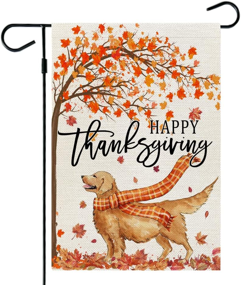 Flags - CROWNED BEAUTY Fall Thanksgiving Dog Garden Flag Golden Retriever 12x18 Inch Small Double Sided Burlap Welcome Yard Autumn Outside Farmhouse Decoration CF616