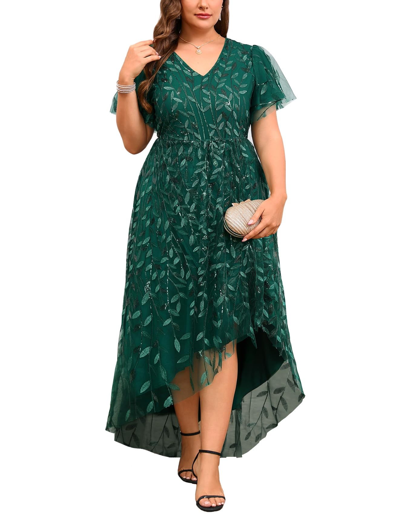 Photo 1 of ZOMVA Plus Size Sequin Embroidery Formal Long Dress Glitter Side Slit A Line Dresses Prom Wedding Evening Gown, Green, 1X