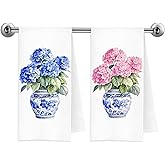 Trenstise Chinoiserie Hydrangea Floral Kitchen Towels, Grand Millenial Decor, Pink and Blue Hydrangea Flower Decorative Dish Tea Hand Towels for Kitchen Bathroom, 16x24 Inch Set of 2