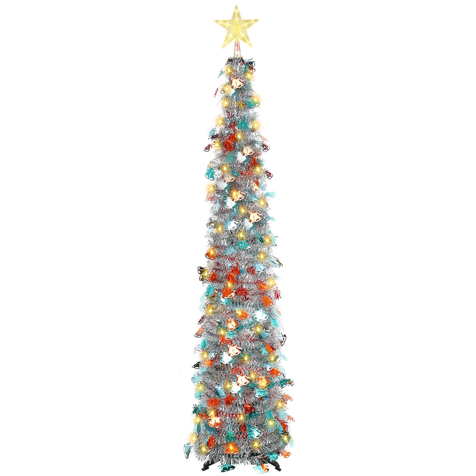 Pop Up Christmas Tree, 150cm/5ft Collapsible Artificial Tinsel Xmas Tree with LED Light/Star Dome Light for Xmas Home Party Indoor Outdoor Decor (Silver)