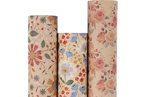 Aimyoo Kraft Floral Wrapping Paper Bundle, Vintage Spring Flowers Rose Gift Wrap Paper for Wedding Bridal Shower Birthday, 3 Rolls 17 in x 16 ft per Roll