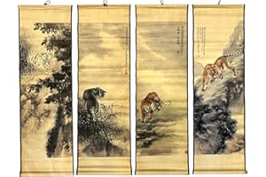 CIFIBIFUN 4 Panels Asian Wall Picture Roll Scroll Painting Tiger Mountain Masterpieces Reproduction Super Large, Walls Hanging Decor Art for Farmhouse Ink Painting