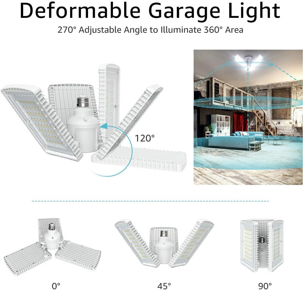 Olafus LED Garage Lights 100W Deformable Garage Lighting, 11000LM, 6000K LED Garage Ceiling Light Fixtures, LED Shop Light with Three Adjustable Panels, LED Light for Garage, Workshop, Warehouse: Home Improvement