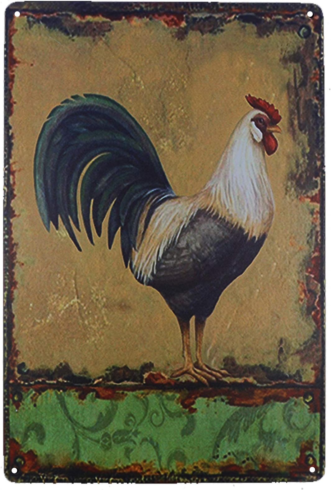 TISOSO Cool Rooster Black White Chicken Retro Vintage Metal Tin Signs Farm Decorative Country Home Decor Signs Gift 8" X 12"