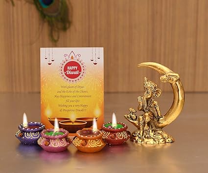 Diwali Gift Hampers Combo Set Ganesha Idol Showpiece with 4 Matki Terracotta Diwali Candles Tealight Diya for Puja Diwali Decoration Item and Diwali Gifts for Family and Friends