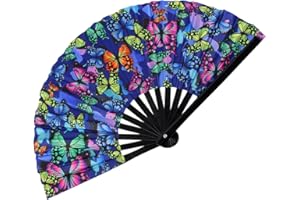 Plzoslly Large UV Glow Rave Fan Bamboo Folding Fan, Festival Folding Hand Fan Clack Folding Fan Chinese Japanese Folding Fan for Halloween, Music Festival, Club, Dance, Party, Drag Queen(Butterfly)