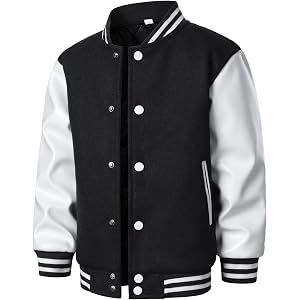 HOOD CREW Kids Varsity Jackets Faux Leather Sleeves Letterman Boys Girls Baseball Bomber Jacket School Outwear Coat
