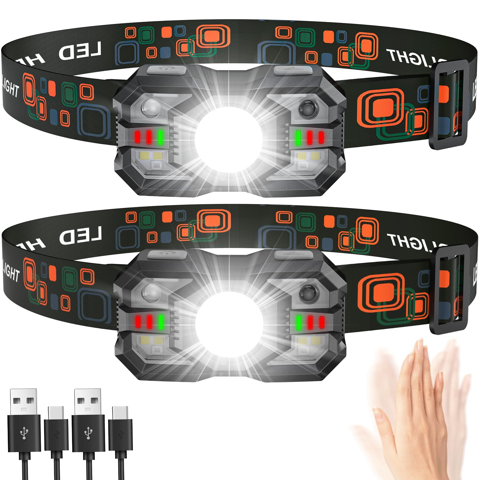 LED Head Torch Rechargeable ,【2 Pack】Super Bright 2000LM Headlamp, 20H Runtime 5+1 Modes Adjustable Headtorch with Motion Sensor, Waterproof Headlight with Red Light for Camping Fishing Cycling Hiking
