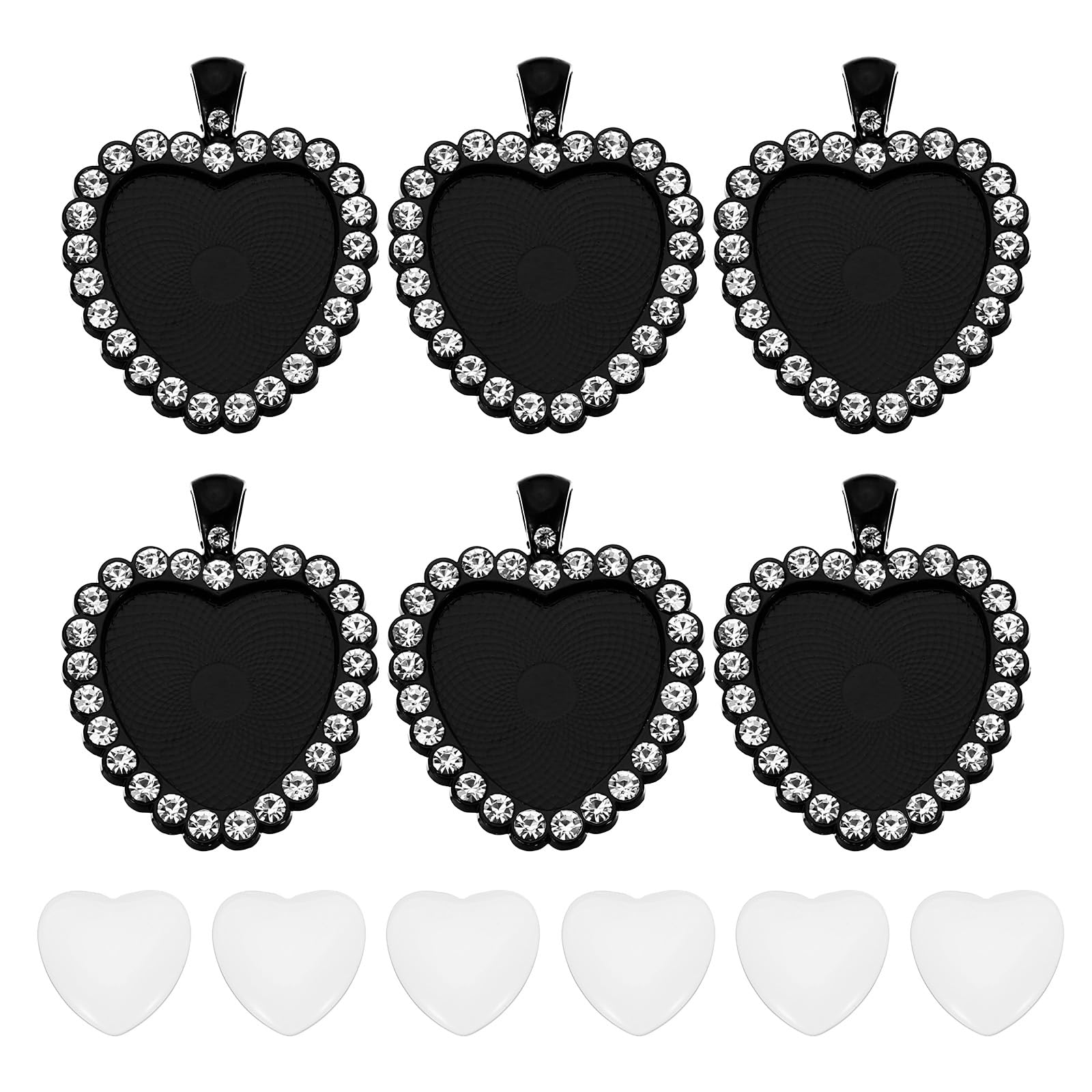 PATIKIL 1" Blank Picture Pendants, 6Pcs Metal Heart Rhinestone Bezel Pendant Trays with 6Pcs Glass Discs for Photo Pendants DIY Crafts Making, Black