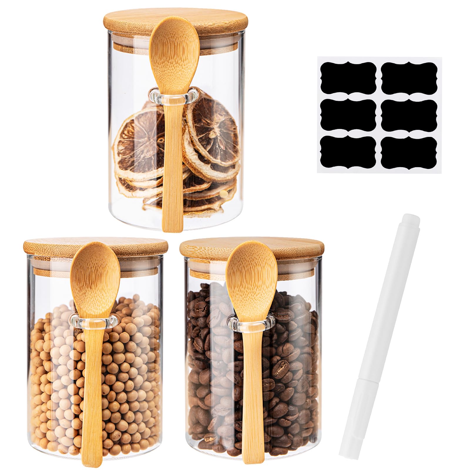 Rongbaor 3 Pack Glass Jars with Airtight Bamboo Lid and Spoon,530ml Overnight Oats Jars,Kitchen Spice Jars Storage Containers,With Waterproof Label and Marker Pen for Home Storage Cookie Candy Coffee