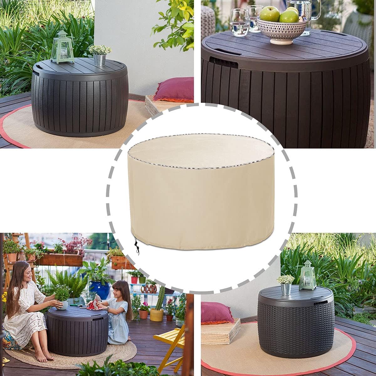 Round deck box cover, round storage box cover with handle, round terrace deck box cover, suitable for dustproof and waterproof round deck box (khaki, D28" xH18"): Home Improvement