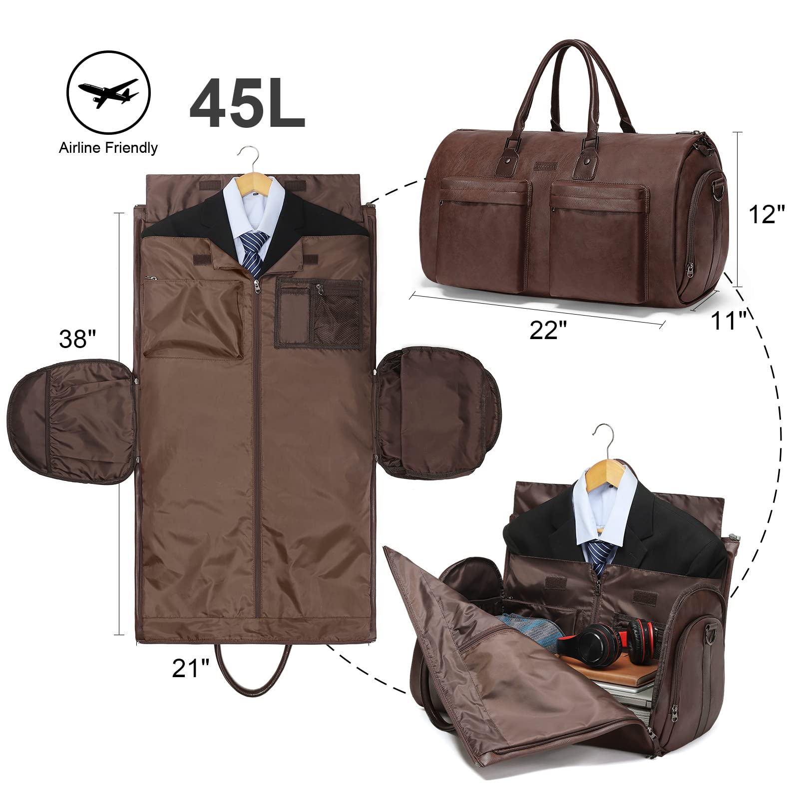 Modoker Convertible Leather Garment Bag, Carry on Garment Bags for Travel Waterproof Garment Duffel Bag Gifts for Men Women Business - 2 in 1 Hanging Suitcase Suit Travel Bags in Brown