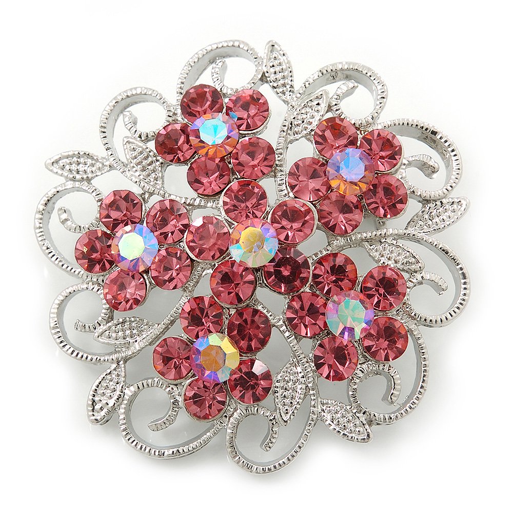Pink Crystal Filigree Floral Brooch In Rhodium Plating - 43mm Diameter