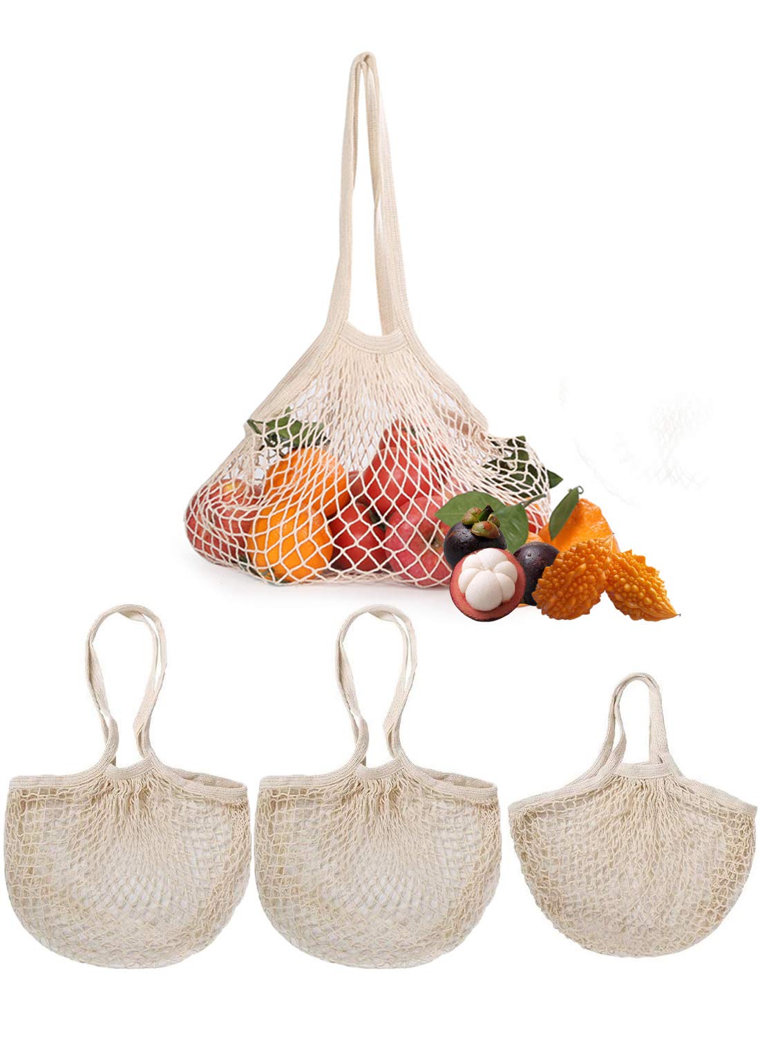 YFSEOS 3Pcs Net Cotton String Shopping Bag,Tote Bag, Reusable Portable Organic Market Mesh Bag,Net Bag,for Home Fruit Vegetable Outdoor Storage Beach Toys - Less Plastic(2Long+1Short)