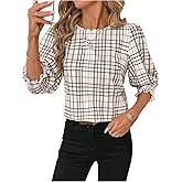 SOLY HUX Women's Plaid Blouse Crew Neck 3/4 Puff Sleeve Shirred Casual Work Shirt Tops