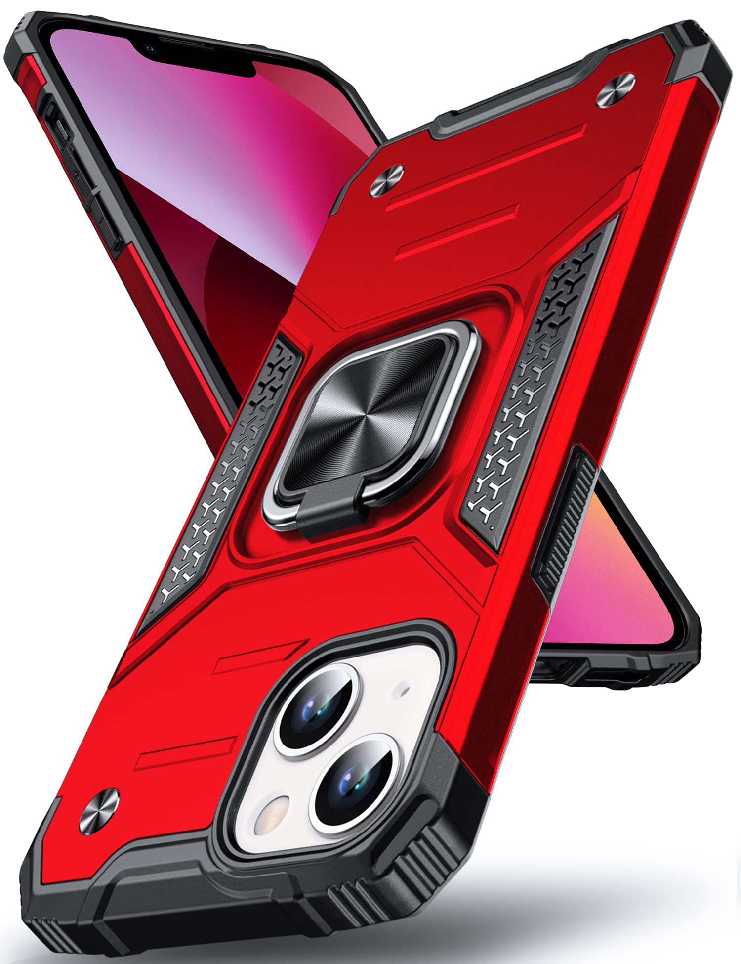 DASFOND Designed for iPhone 13 Mini Case, Military Grade Shockproof Protective Phone Case Cover with Enhanced Metal Ring Kickstand [Support Magnet Mount] for iPhone 13 Mini 5.4 inch, Red