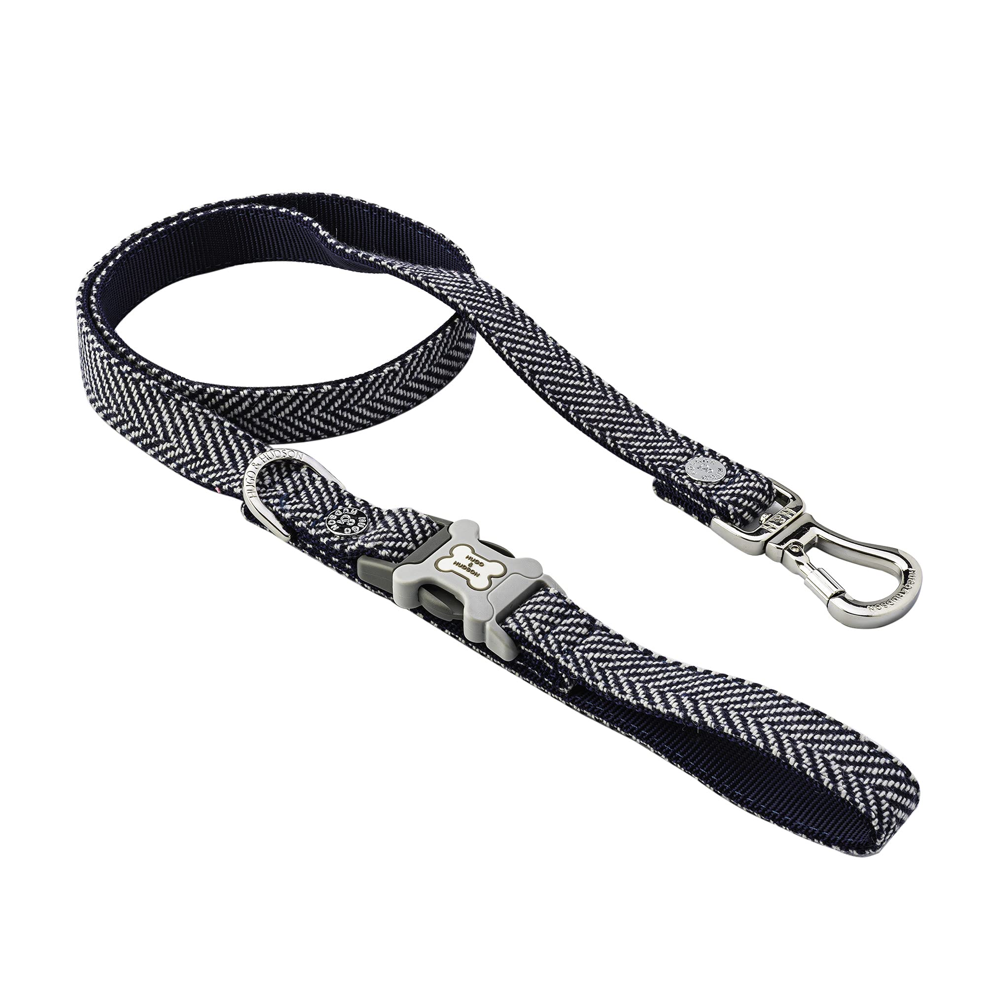 HUGO & HUDSON Tweed Dog Lead Padded Handle Training Leash, Navy Herringbone, 1.2m Length 1.5cm Width