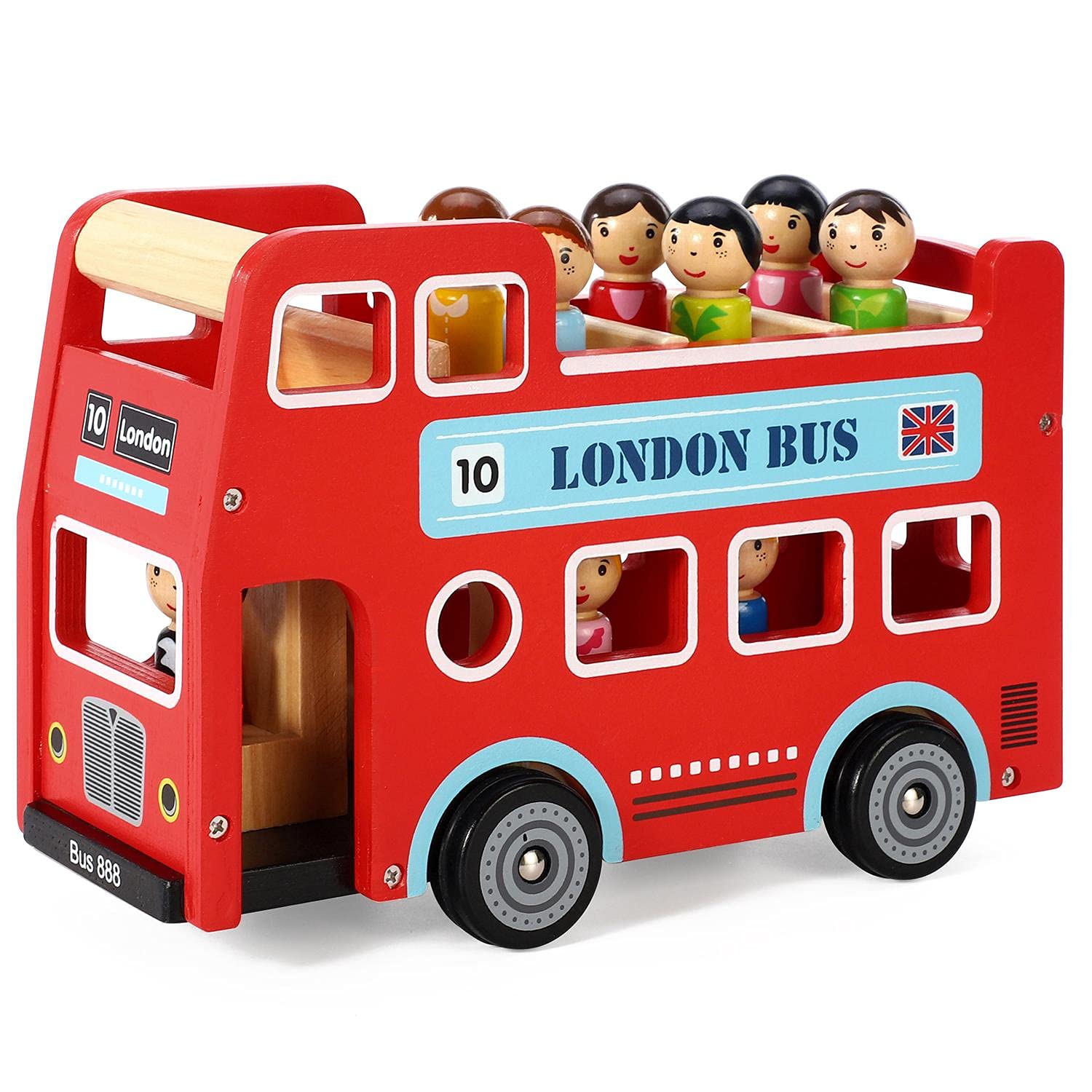 SOKA Wooden Original Double Decker Red Classic London Sightseeing Bus with Driver & Passenger Figurines Toy Playing Set Miniature Display Model Figures for Kids Children Girls Boys Ages 18 month +