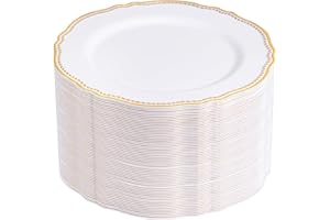 Hioasis 60pcs Gold Plastic Plates - White and Gold Trim Disposable Plates - 10.25 inch Gold Disposable Dinner Plates Perfect for Wedding & Party