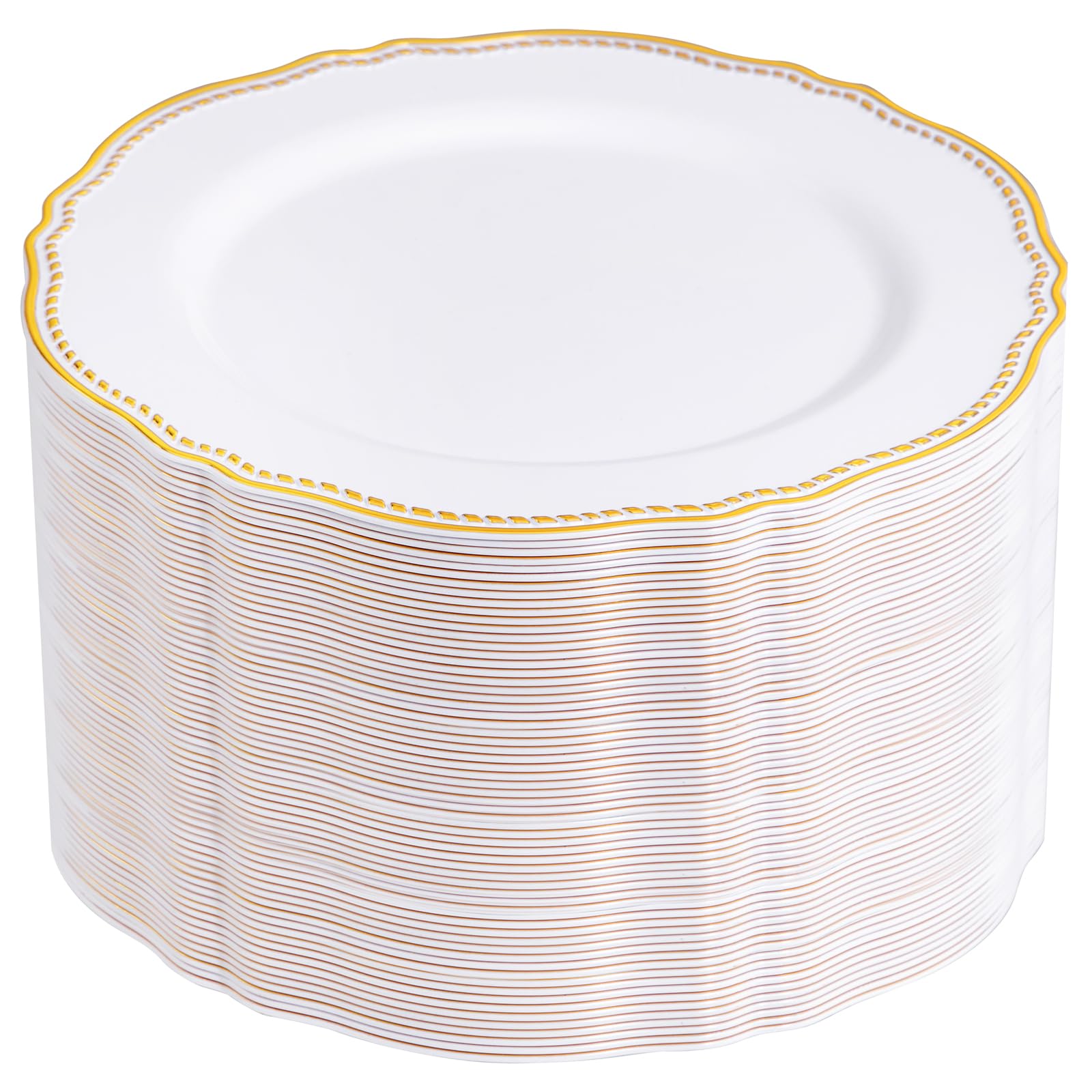 Photo 1 of Hioasis 60pcs Gold Plastic Plates - White and Gold Trim Disposable Plates - 10.25 inch Gold Disposable Dinner Plates Perfect for Wedding & Party
