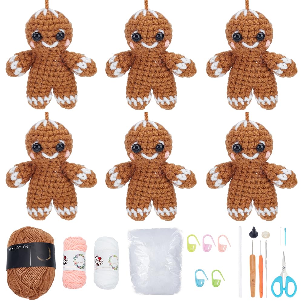 FREEBLOSS 6 Set Crochet Gingerbread Man Crochet Kit for Beginner Christmas Crochet Kit with Step by Step Video Handmade Crochet Set Christmas Ornament Learn to Knitting Kits for Adults