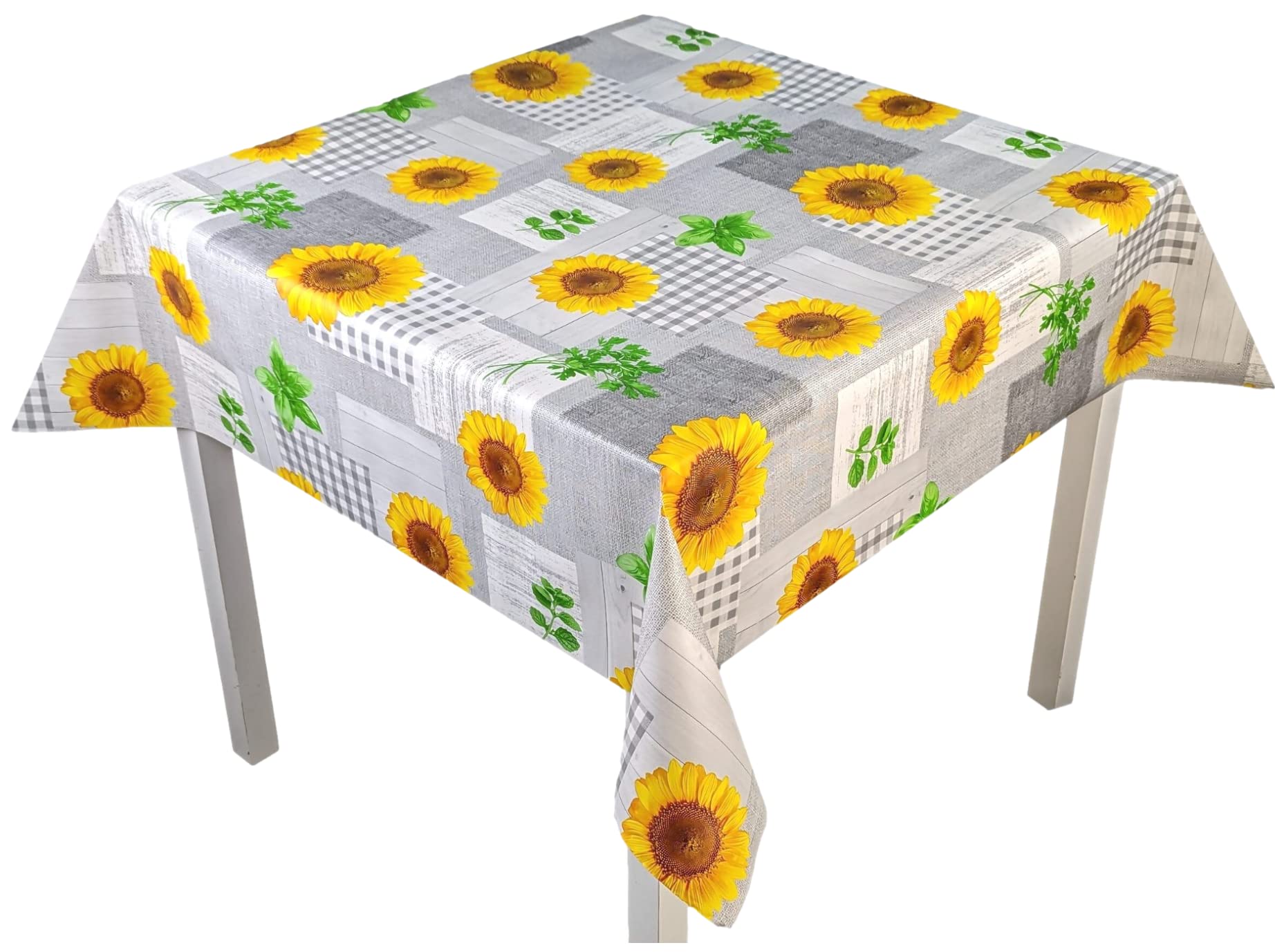 Karina Home Grey and Yellow Sunflower Wipe Clean Tablecloth Vinyl PVC Table Cover Wipeable Table Cloth (Grey, 140cm x 140cm)
