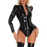 AUBIG Women Catsuit Leather Bodysuit Zipper Sexy Teddy Wet Look Club Costume Jumpsuit for Party