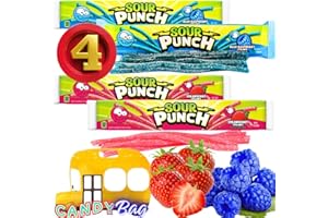 THINK CANDY (PACK OF 4) Sour Straws Punch - 4 Extra Large Trays of 2 Flavors - Blue Raspberry and Strawberry - Comes With One Bus Resealable ZipBag - 1.9oz Each Tray (Strawberry+Blue Raspberry)